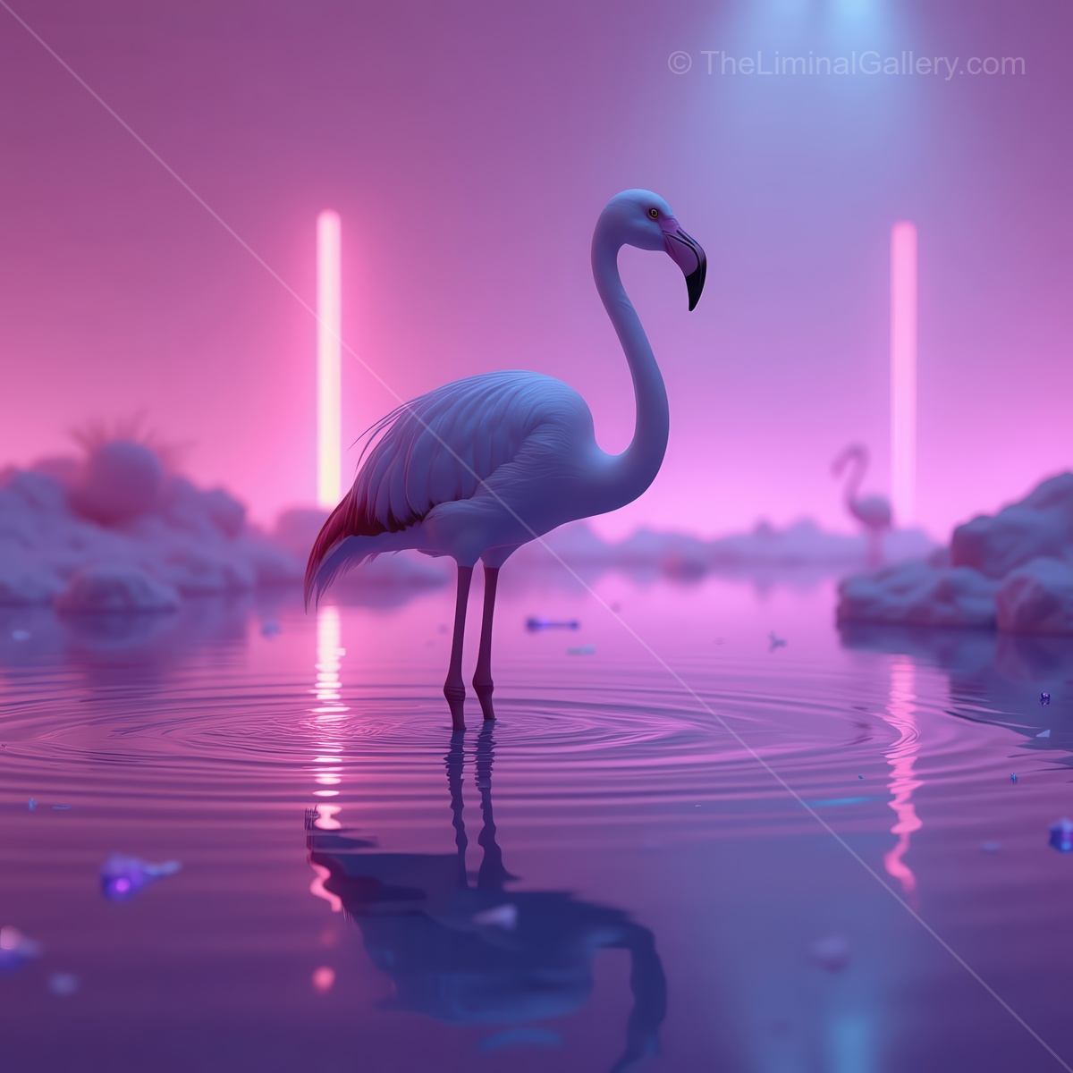 Serene white flamingo stands gracefully in shimmering water under neon lights at dusk