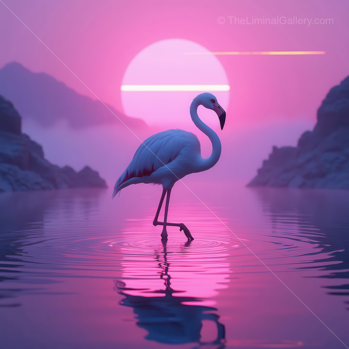 Serene white flamingo stands gracefully in tranquil waters as the sun sets with hues of pink and purple in a dreamy landscape