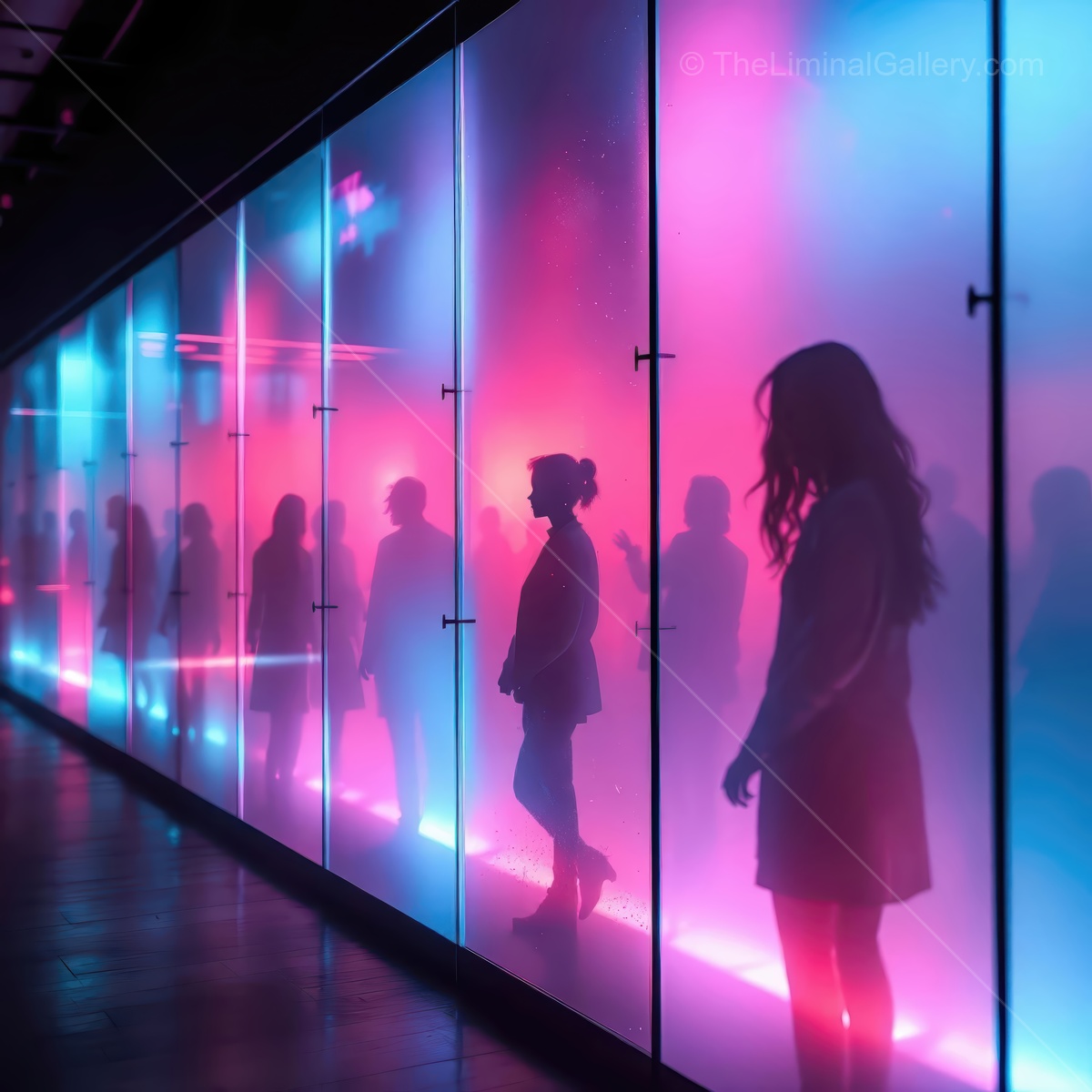 Silhouettes in vibrant colors at an immersive art installation in the evening