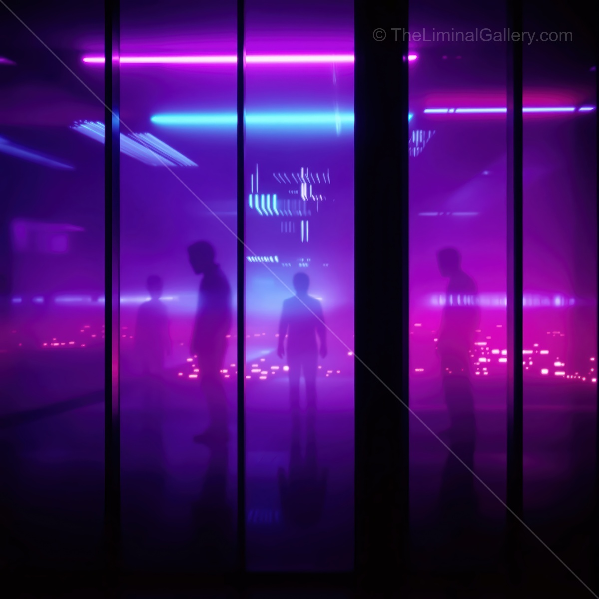 Silhouetted figures in a neon-lit environment with vibrant colors and digital patterns at night
