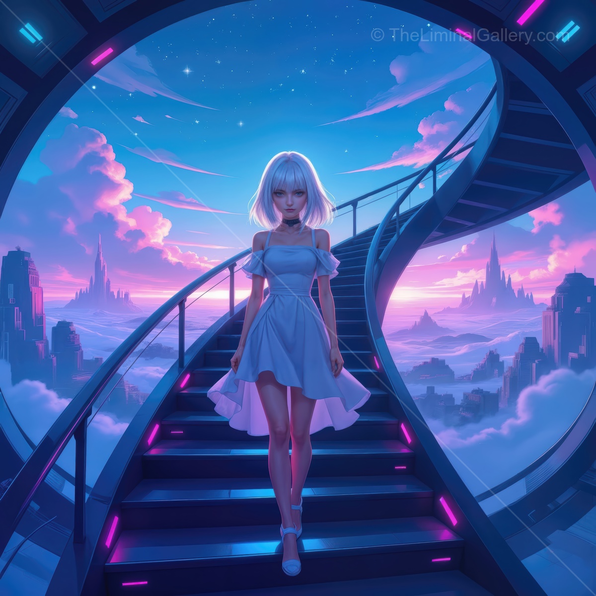 A dreamy journey through a futuristic landscape, featuring a figure on a spiral staircase under a colorful sky
