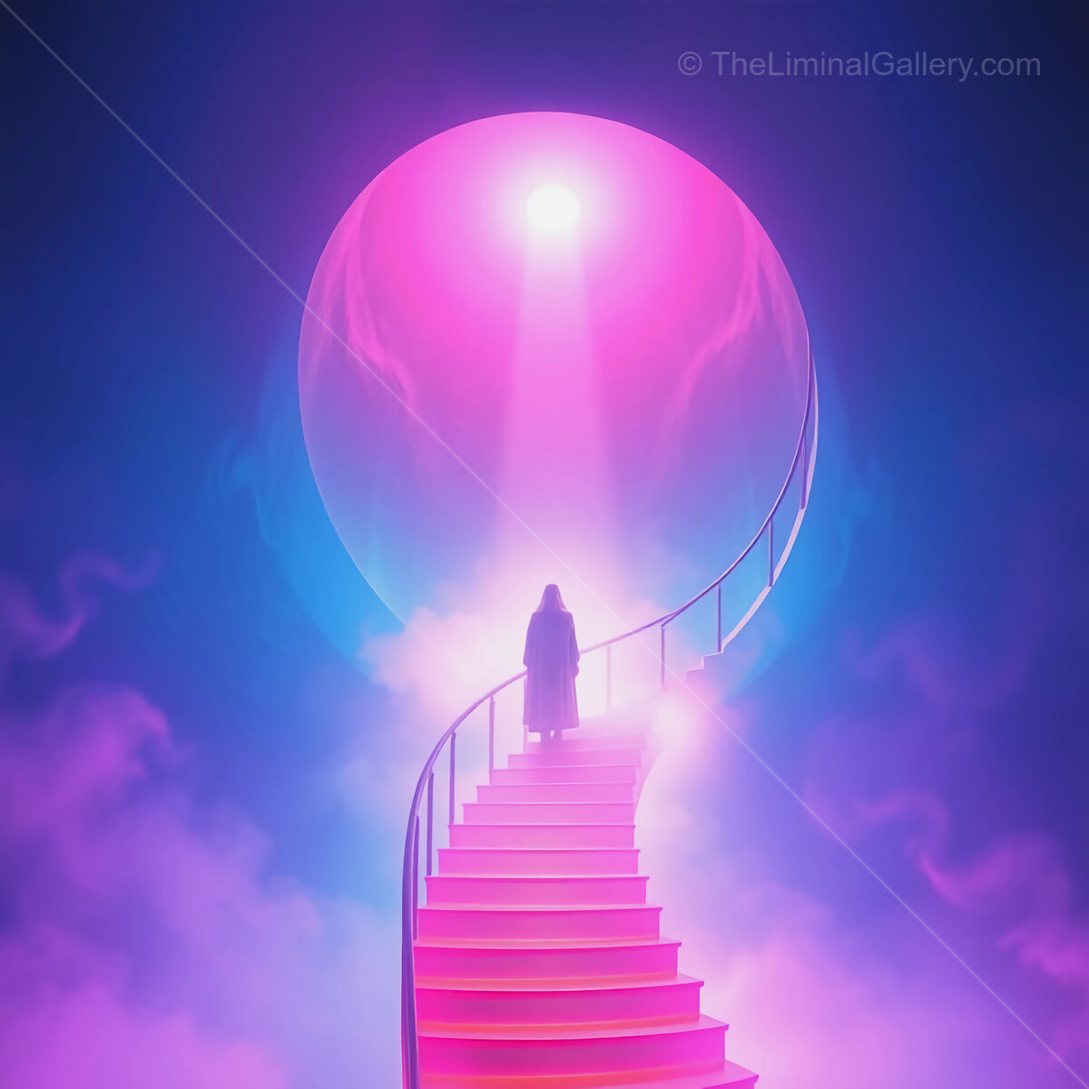 Liminal stairway to the ethereal light revealing a mysterious figure at dusk