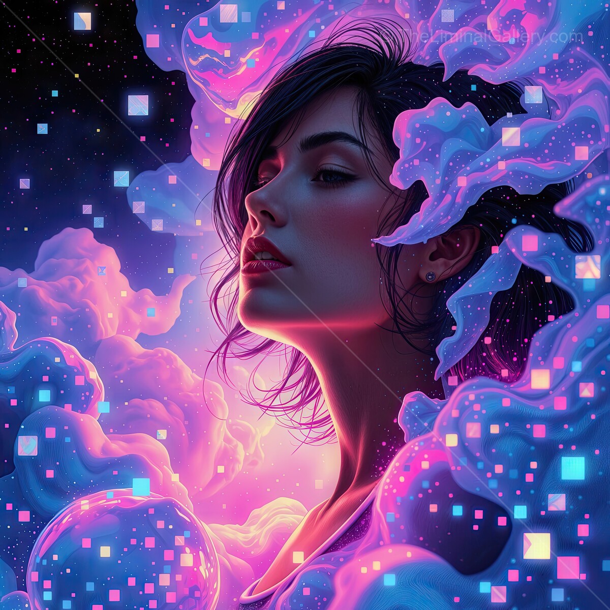 Striking portrait of a woman surrounded by ethereal colors and cosmic elements at dusk