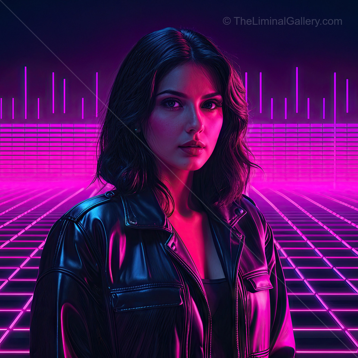 Striking woman in a neon-lit synthwave environment exudes confidence and energy during a vibrant night setting