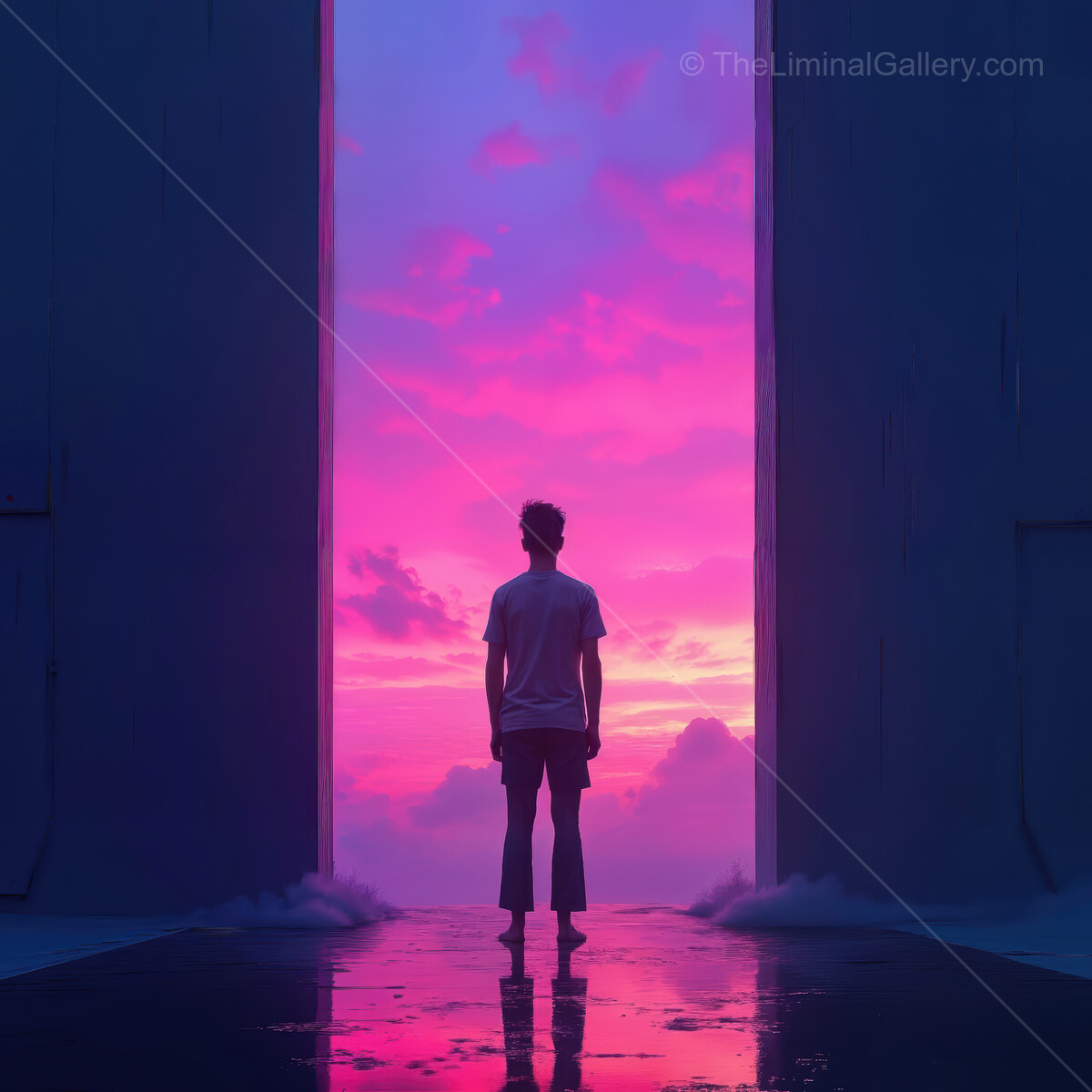 Sunset wonder as a lone man stands before an ethereal doorway to the sky