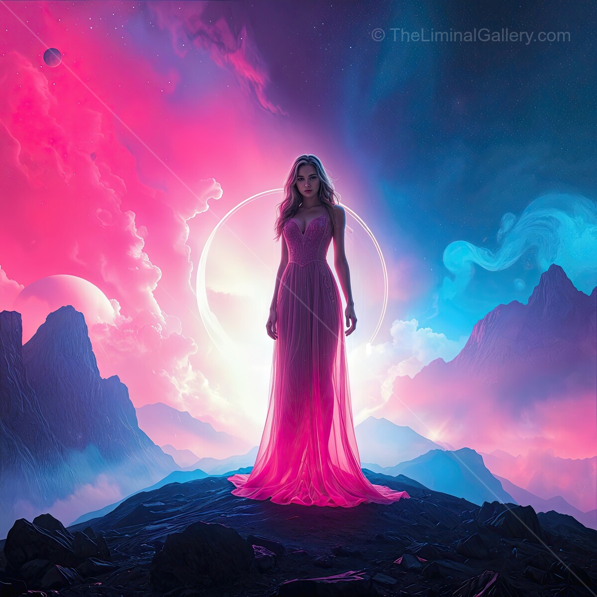 Enchanting synthwave silhouette of a woman in a flowing gown against a cosmic landscape at twilight