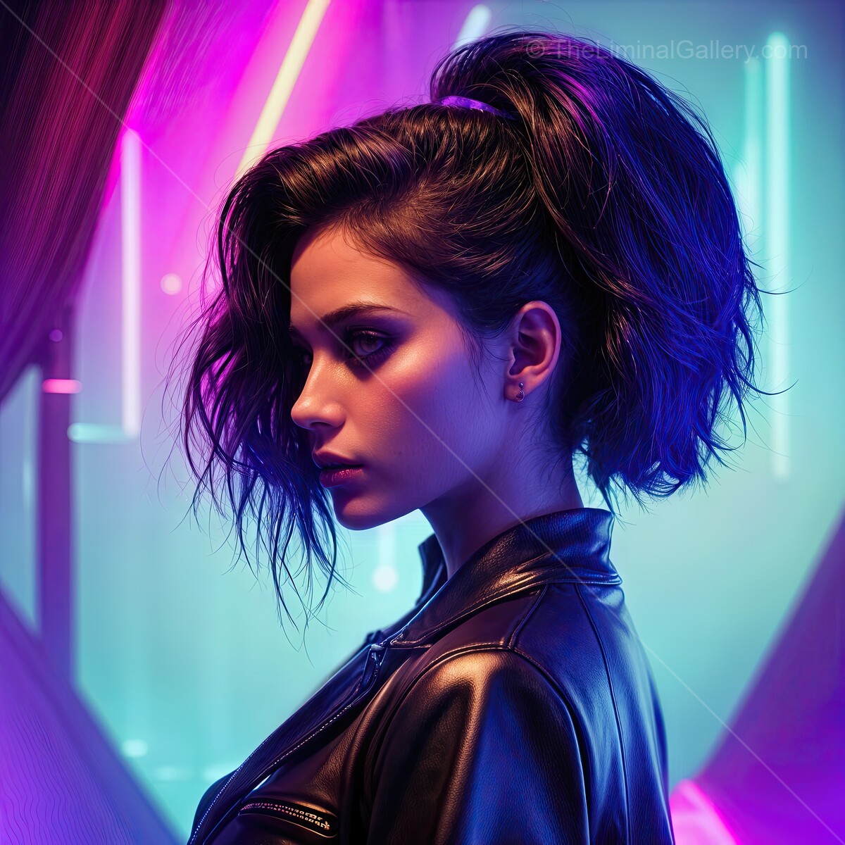 Stylish young synthwave woman with dynamic hairstyle posing dramatically under neon lights in an urban setting