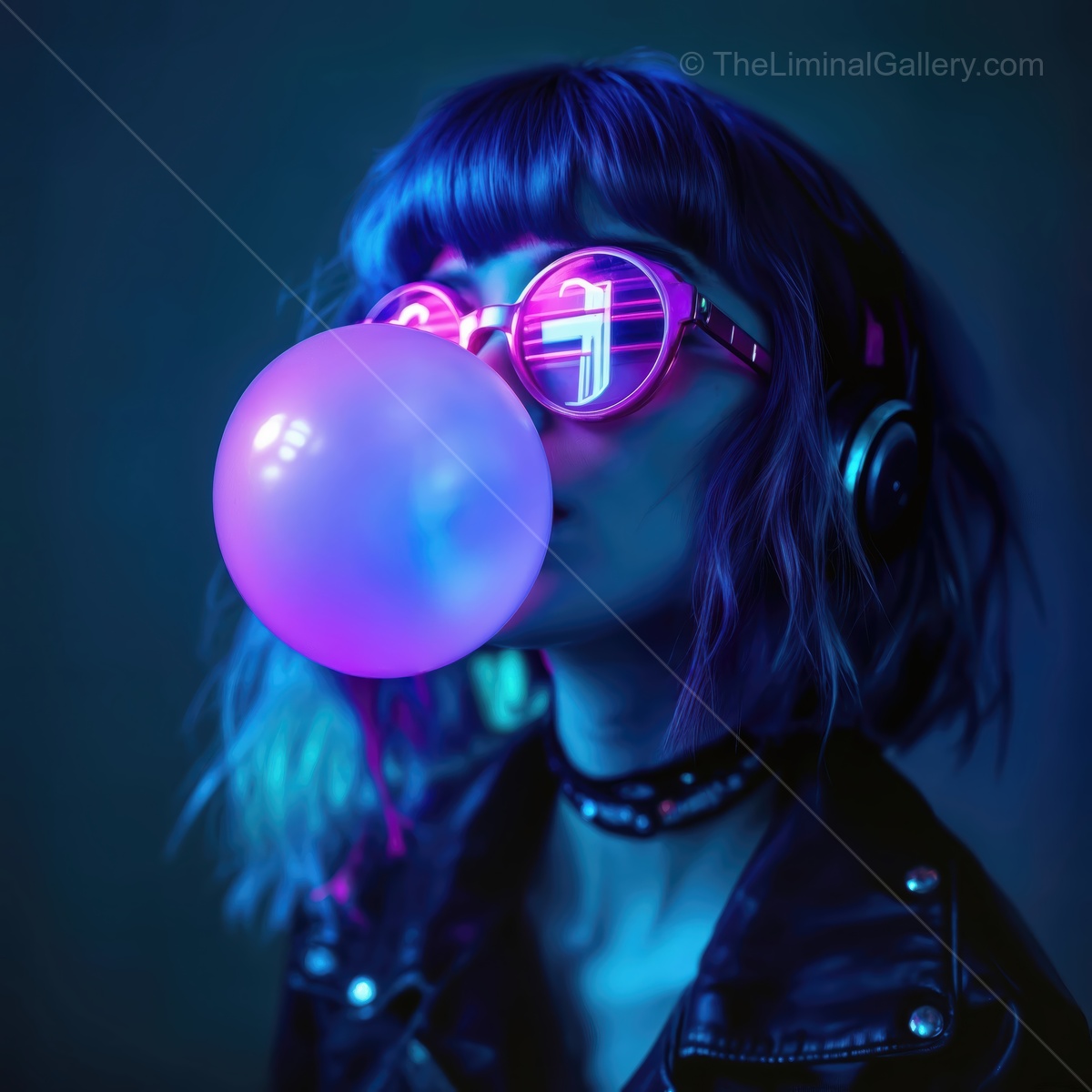 Vibrant teen with colorful sunglasses and bubble gum bursting in a neon-lit atmosphere
