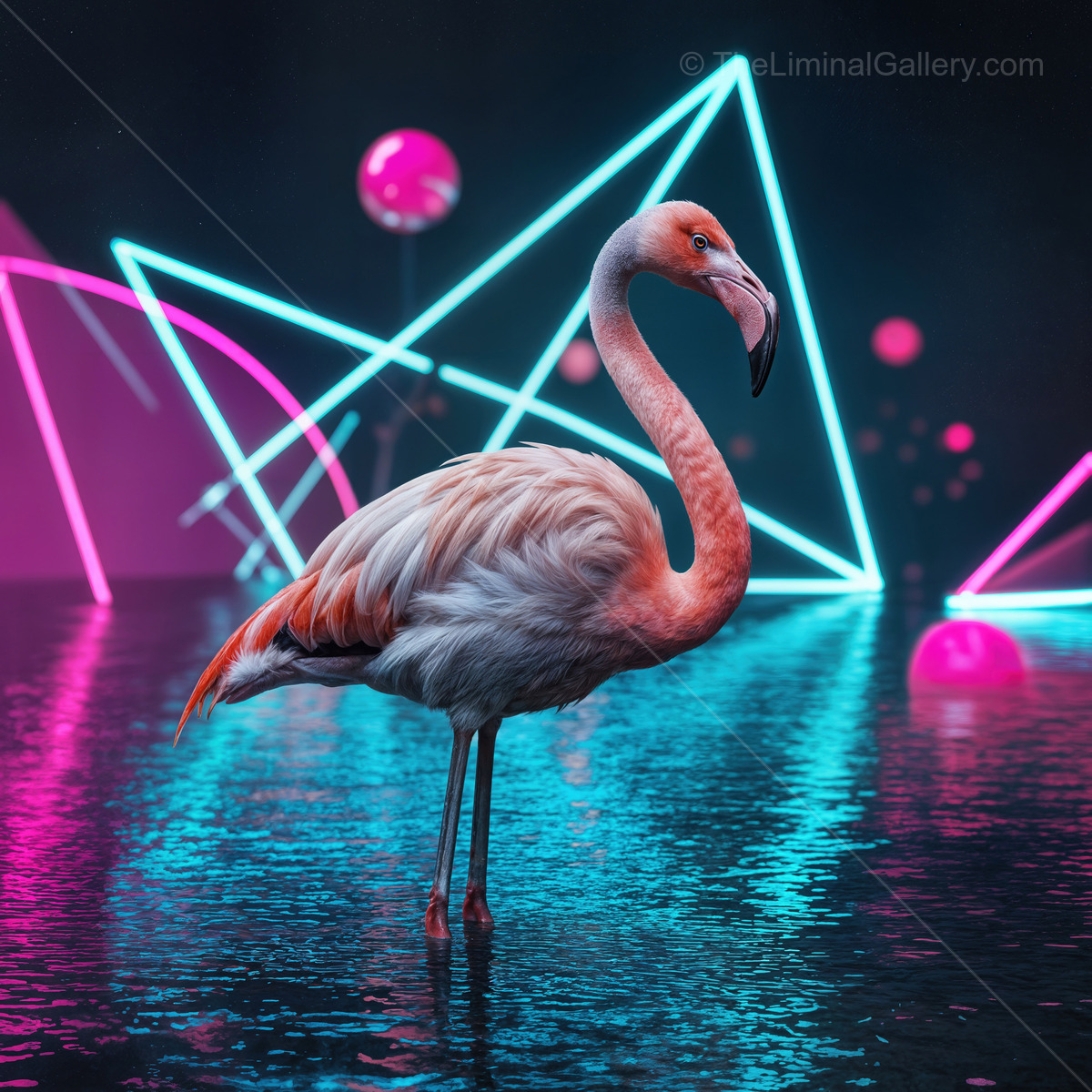 Vibrant flamingo stands gracefully in shimmering water, surrounded by neon geometric shapes at night