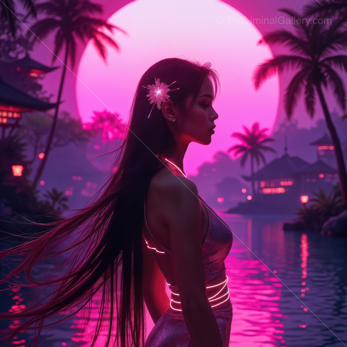 Enchanting silhouette of a woman against a vibrant sunset and tropical backdrop in a serene coastal environment