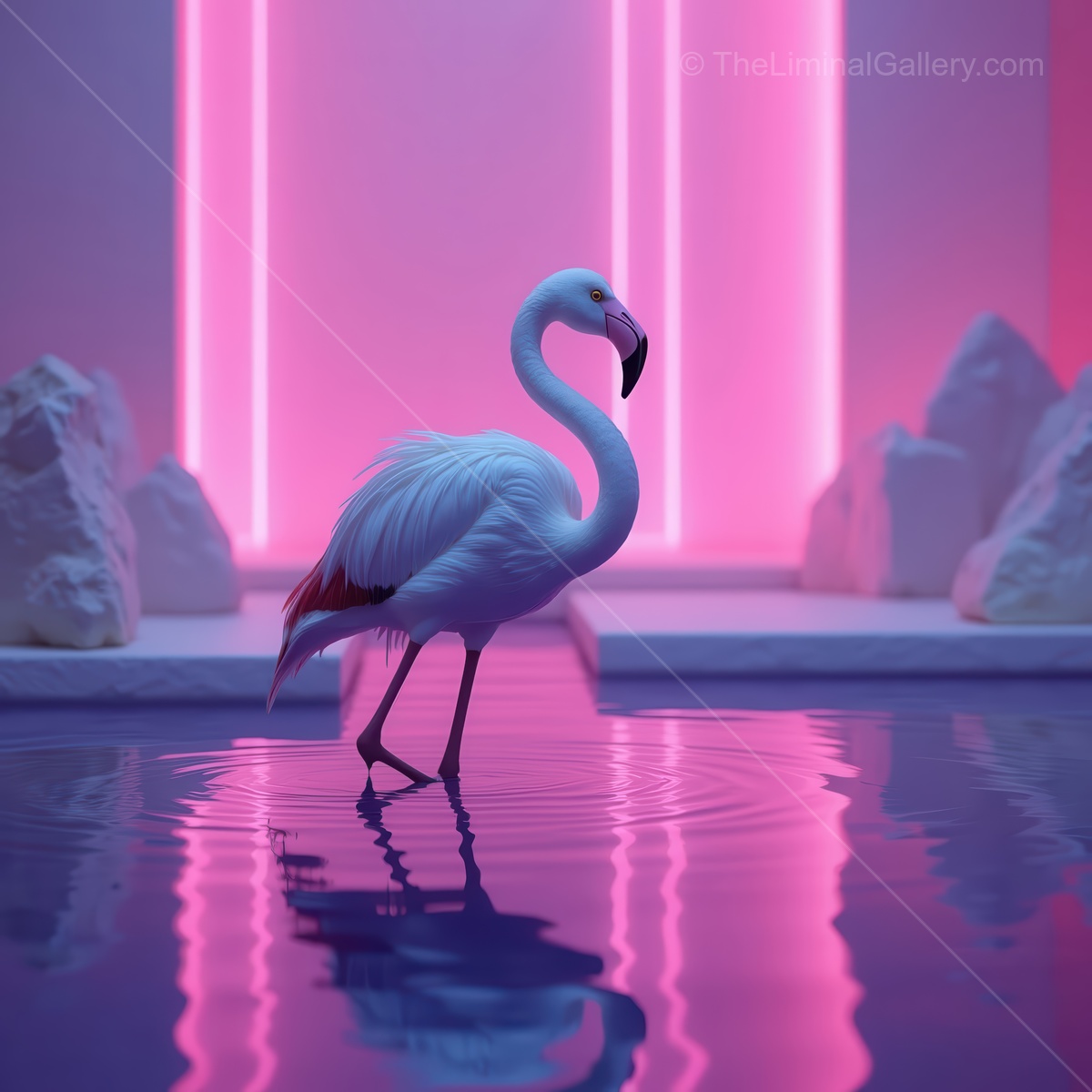 Majestic white flamingo glides gracefully through shimmering water under vibrant neon lights