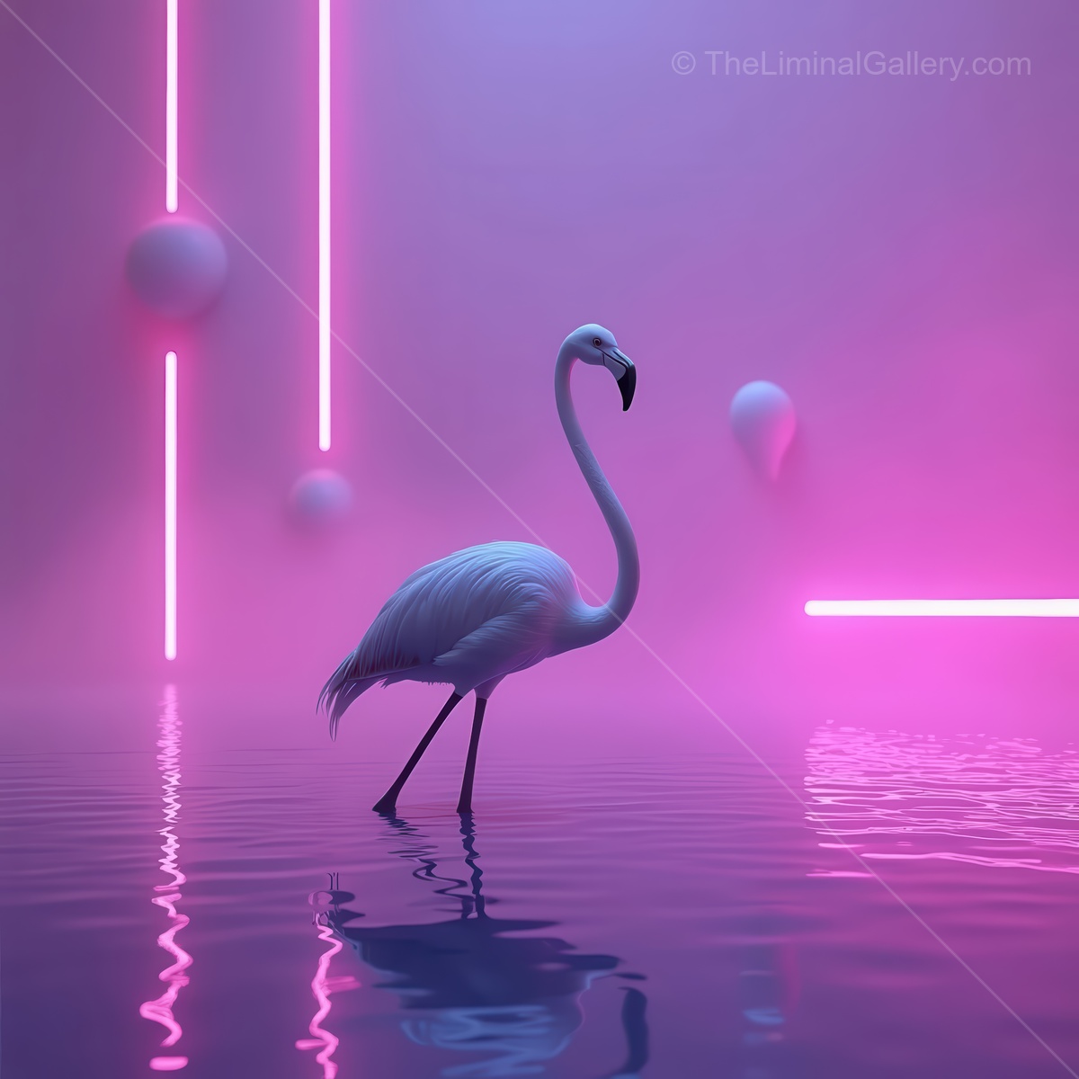 White flamingo stands gracefully in a vibrant, surreal scene with neon lights reflecting in calm waters at twilight hour
