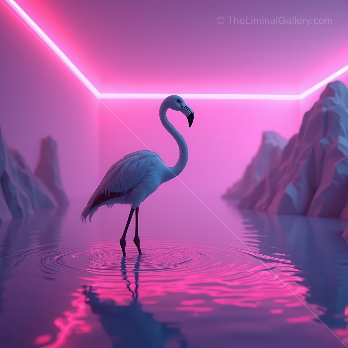 Stunning white flamingo strikes a pose in a vibrant, neon-lit room with shimmering water reflections and artistic rock formations