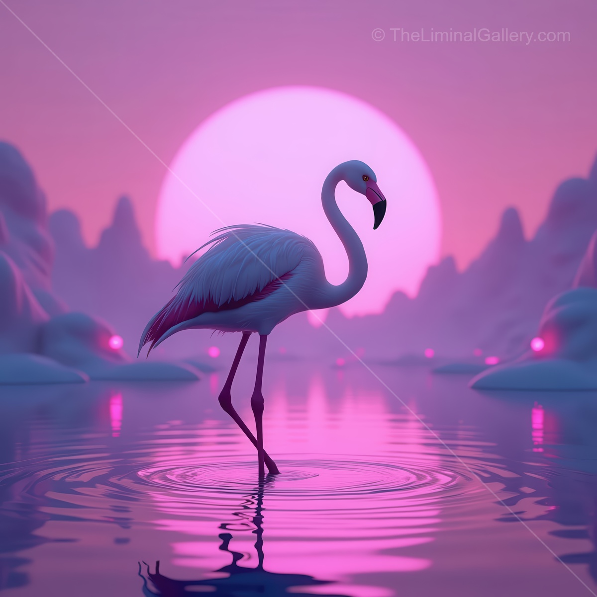 Beauty of a white flamingo gliding gracefully across shimmering water at sunset