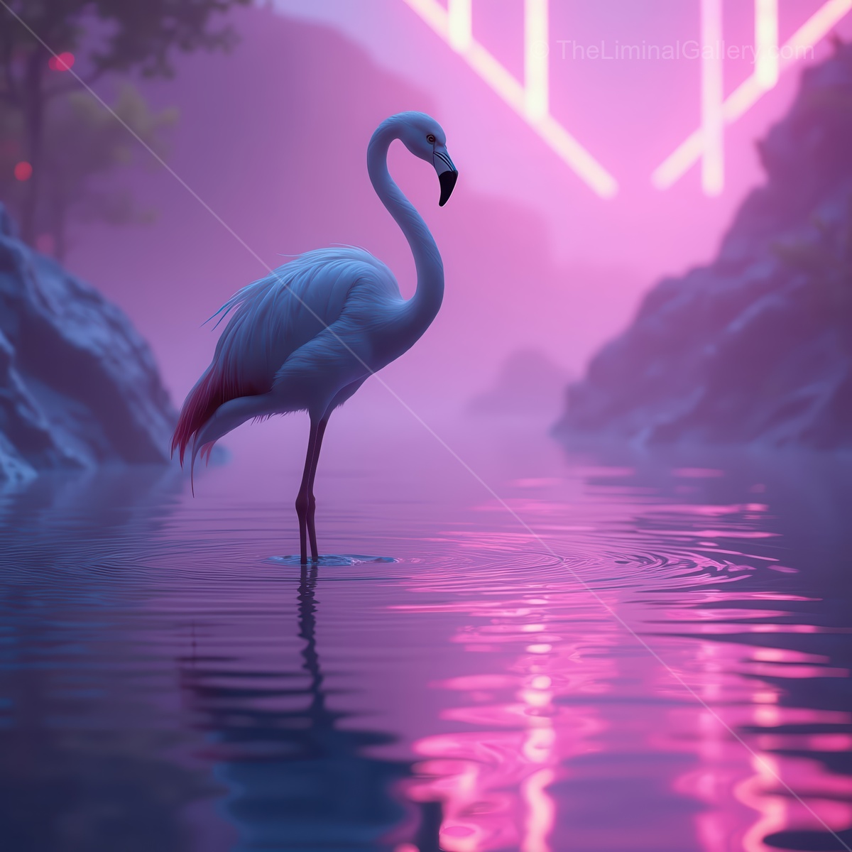 White flamingo stands gracefully in tranquil waters, surrounded by vibrant neon hues at twilight