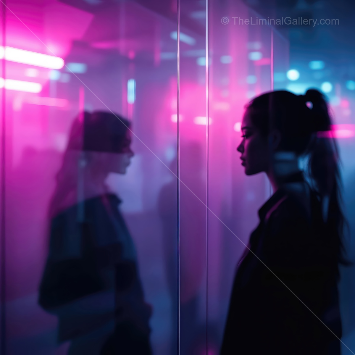 Engaging reflection of a woman surrounded by vibrant neon lights in a modern setting