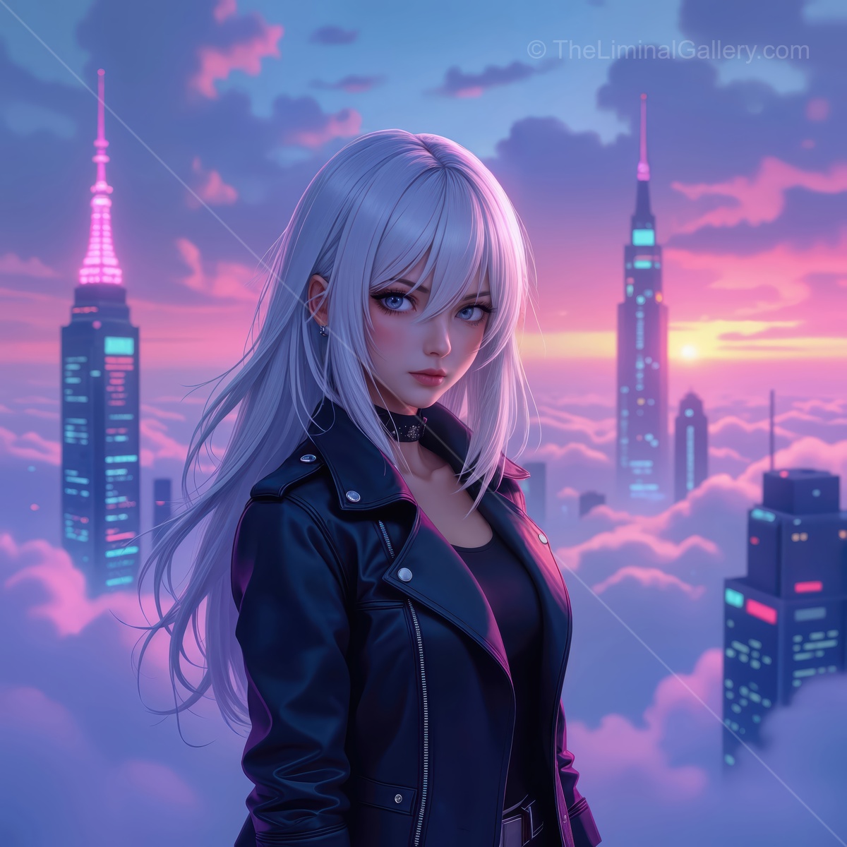 Mystical journey above the clouds with a confident young woman in a futuristic cityscape at sunset