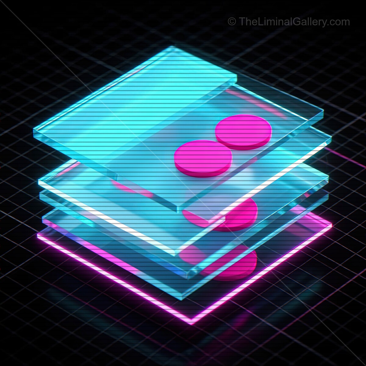 Vibrant synthwave glass shapes illuminated by VHS lines create a nostalgic ambiance in a retro-futuristic world