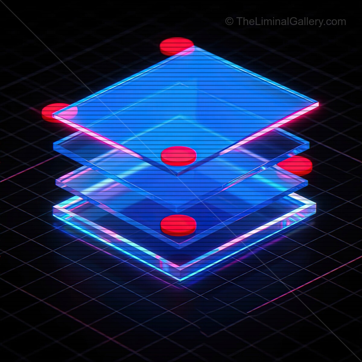 Vibrant synthwave glass shapes with neon accents create a nostalgic digital landscape