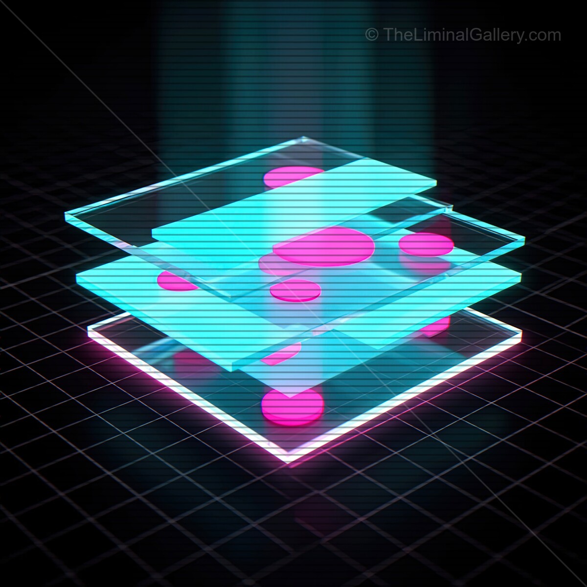 Vivid synthwave geometric shapes glowing in neon hues with VHS line patterns creating a retro-futuristic vibe