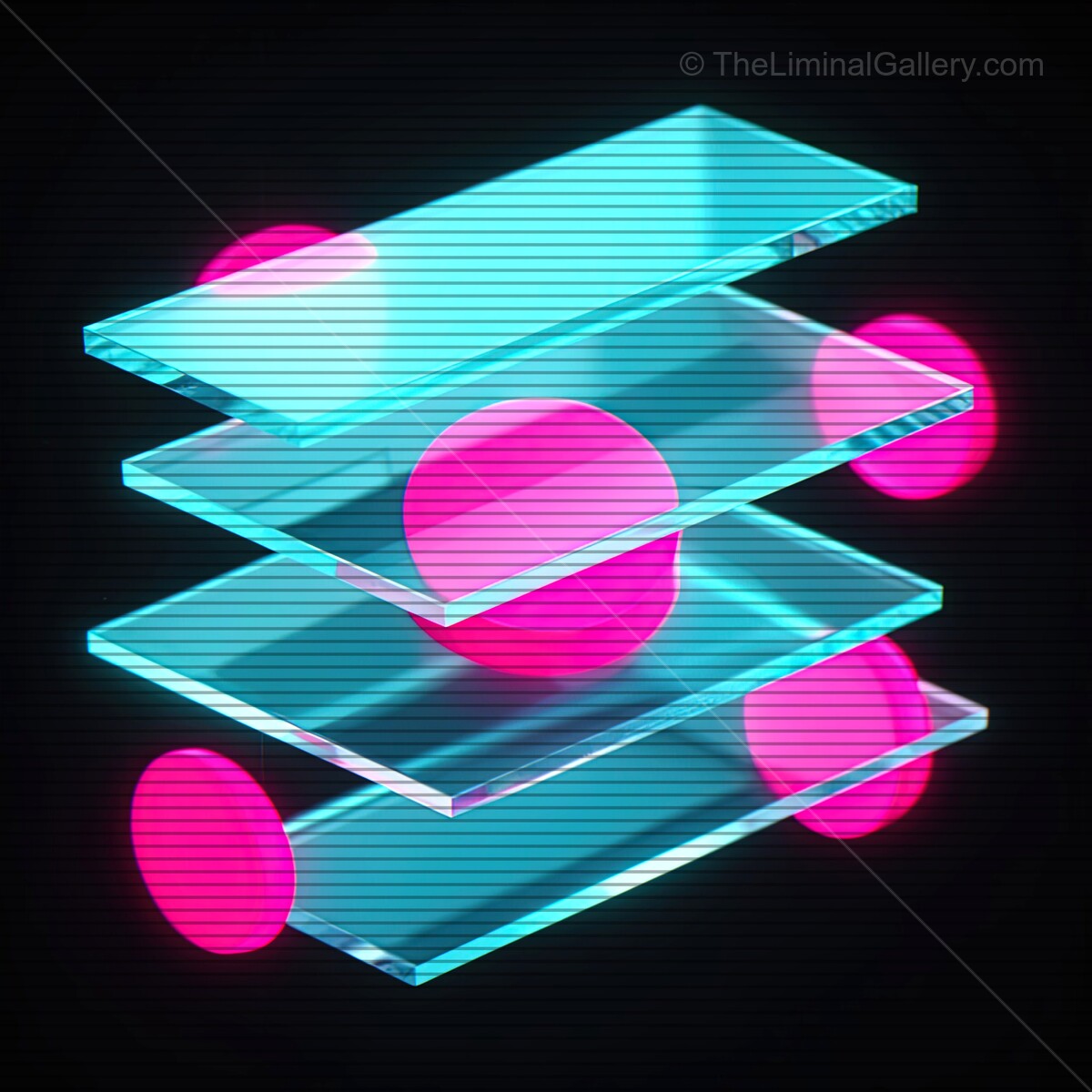 Vibrant synthwave glass shapes with retro VHS lines creating a dreamlike atmosphere