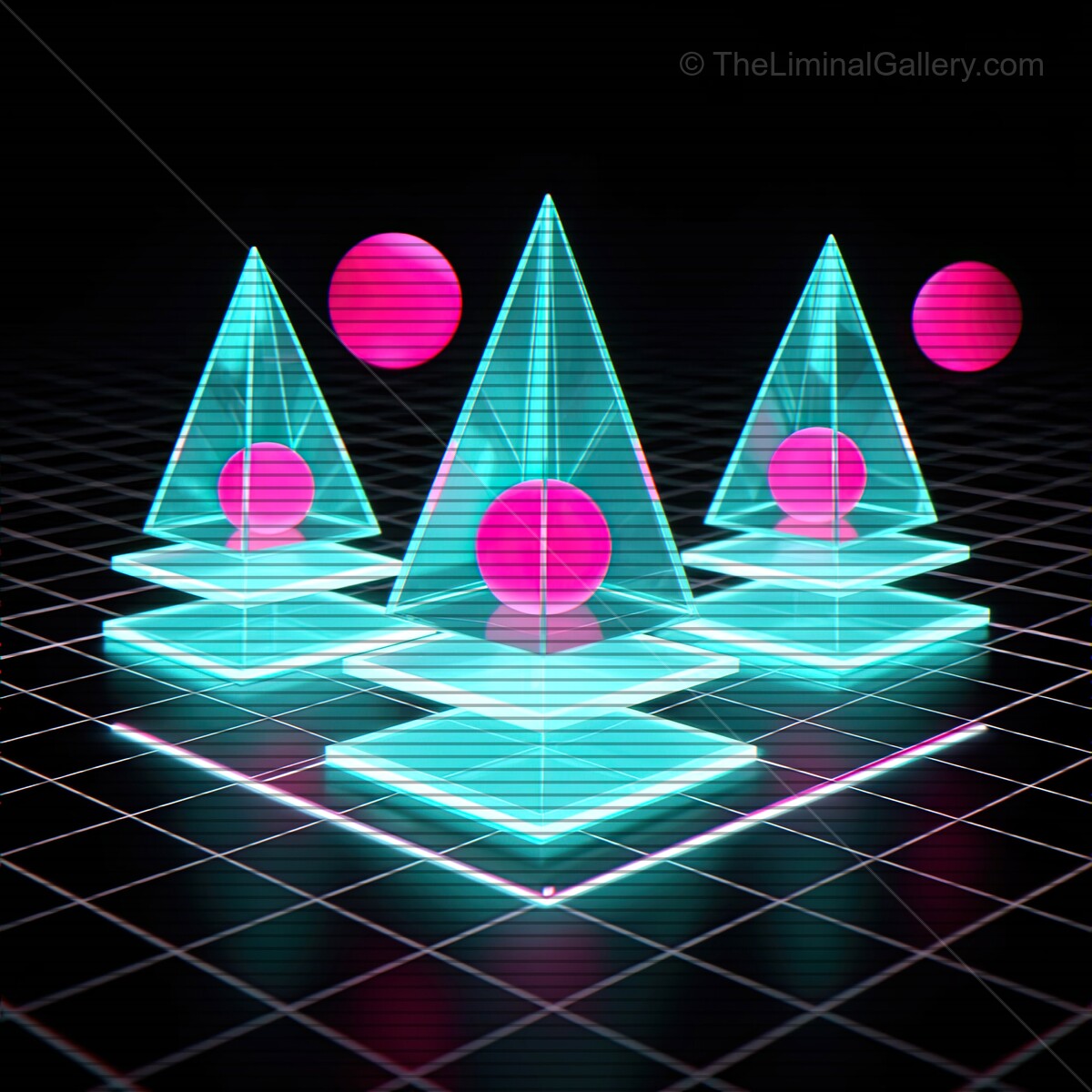 Synthwave landscape featuring neon glass shapes with VHS lines and retro color palette at dusk