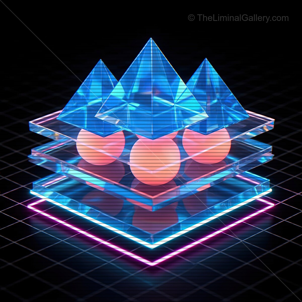 Vibrant synthwave scene with glass shapes and retro VHS lines creating a neon dreamscape