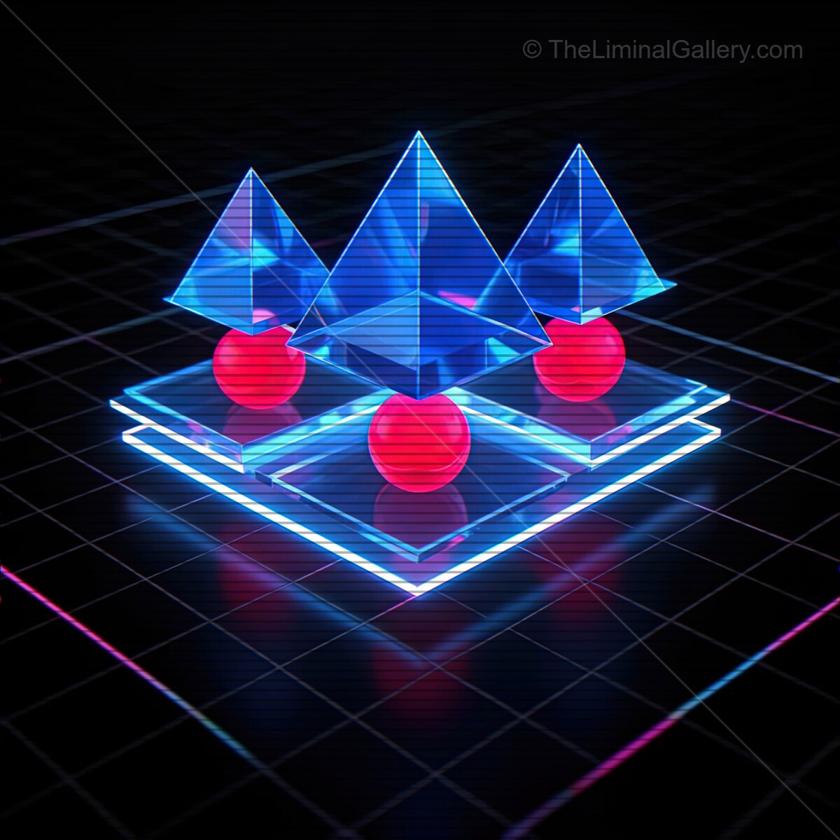 Vibrant synthwave landscape with neon glass shapes and VHS lines glowing in a digital space