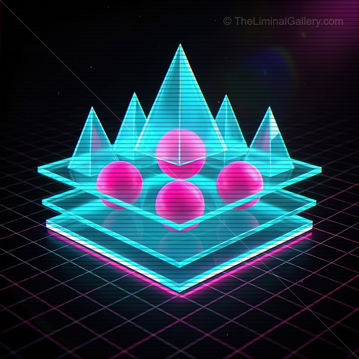 Vibrant synthwave shapes and retro VHS lines create a captivating digital landscape in neon colors