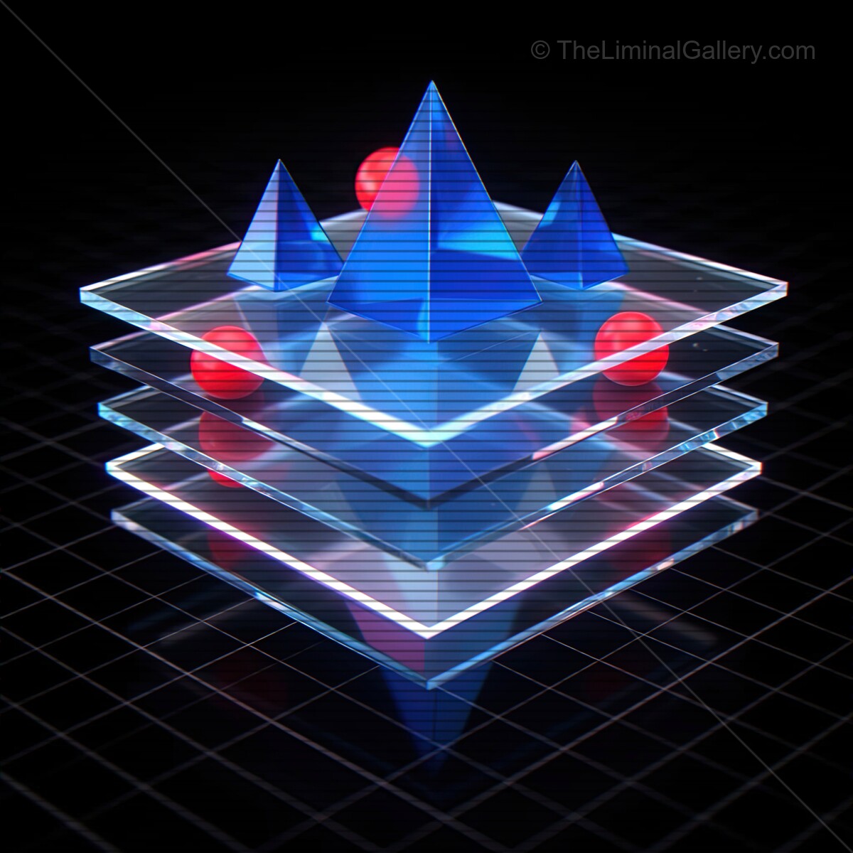 Vivid synthwave glass shapes with intricate VHS lines creating a retro futuristic scene