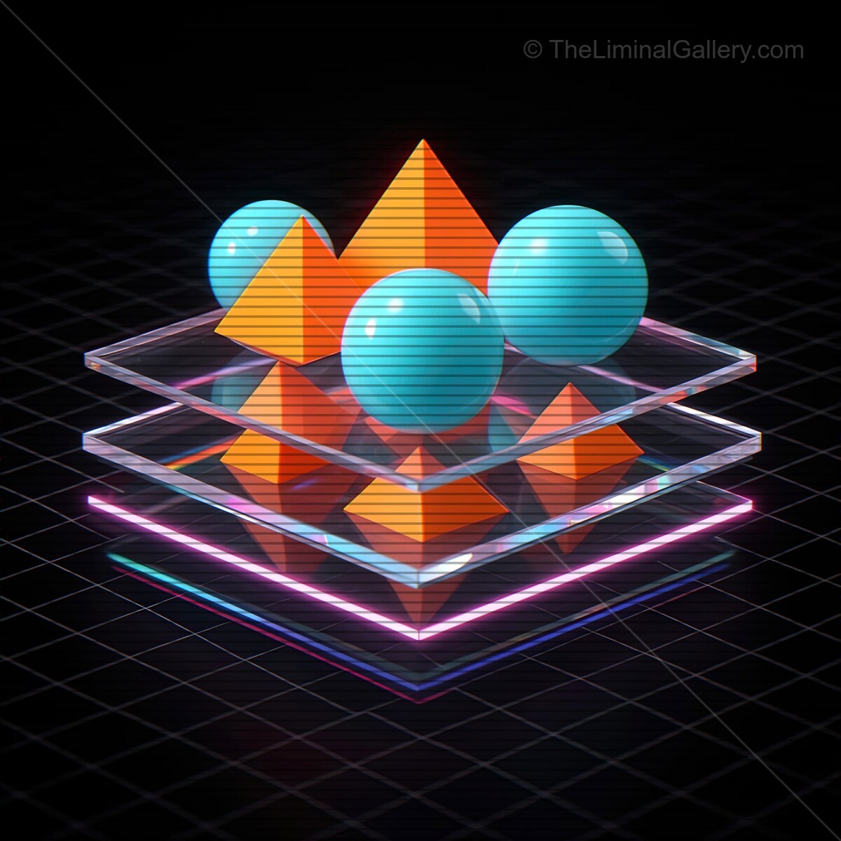 Vibrant synthwave shapes with vibrant colors and VHS lines create a dreamy retro aesthetic in a futuristic digital landscape