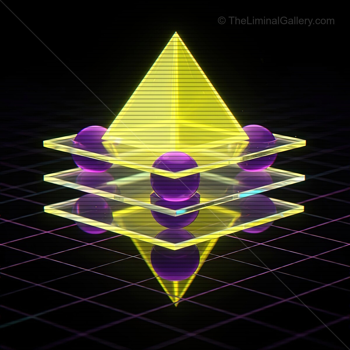 Vibrant synthwave shapes with retro VHS lines creating a stunning visual experience in a neon-lit space