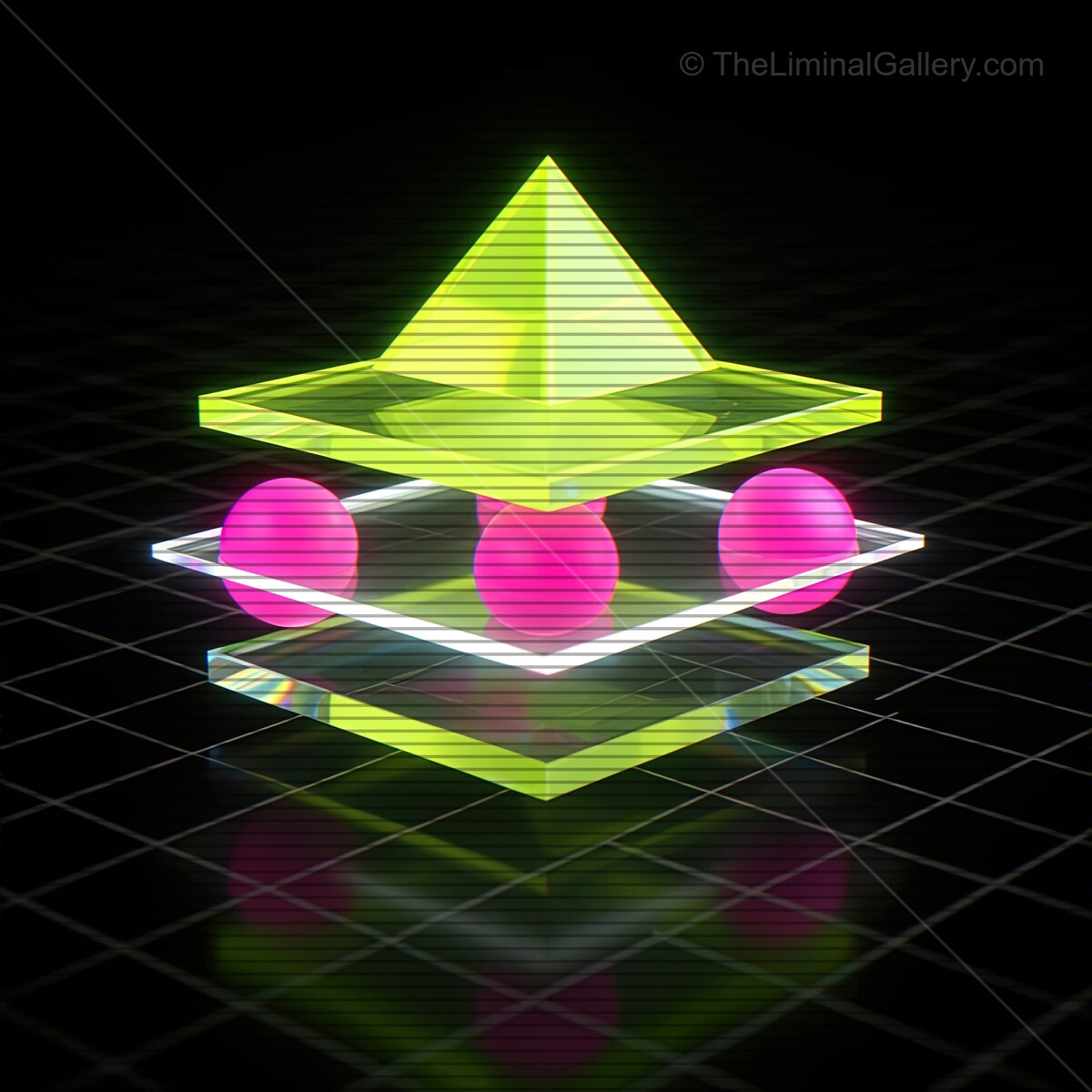 Vibrant synthwave glass shapes illuminated with VHS lines glowing in retro neon colors