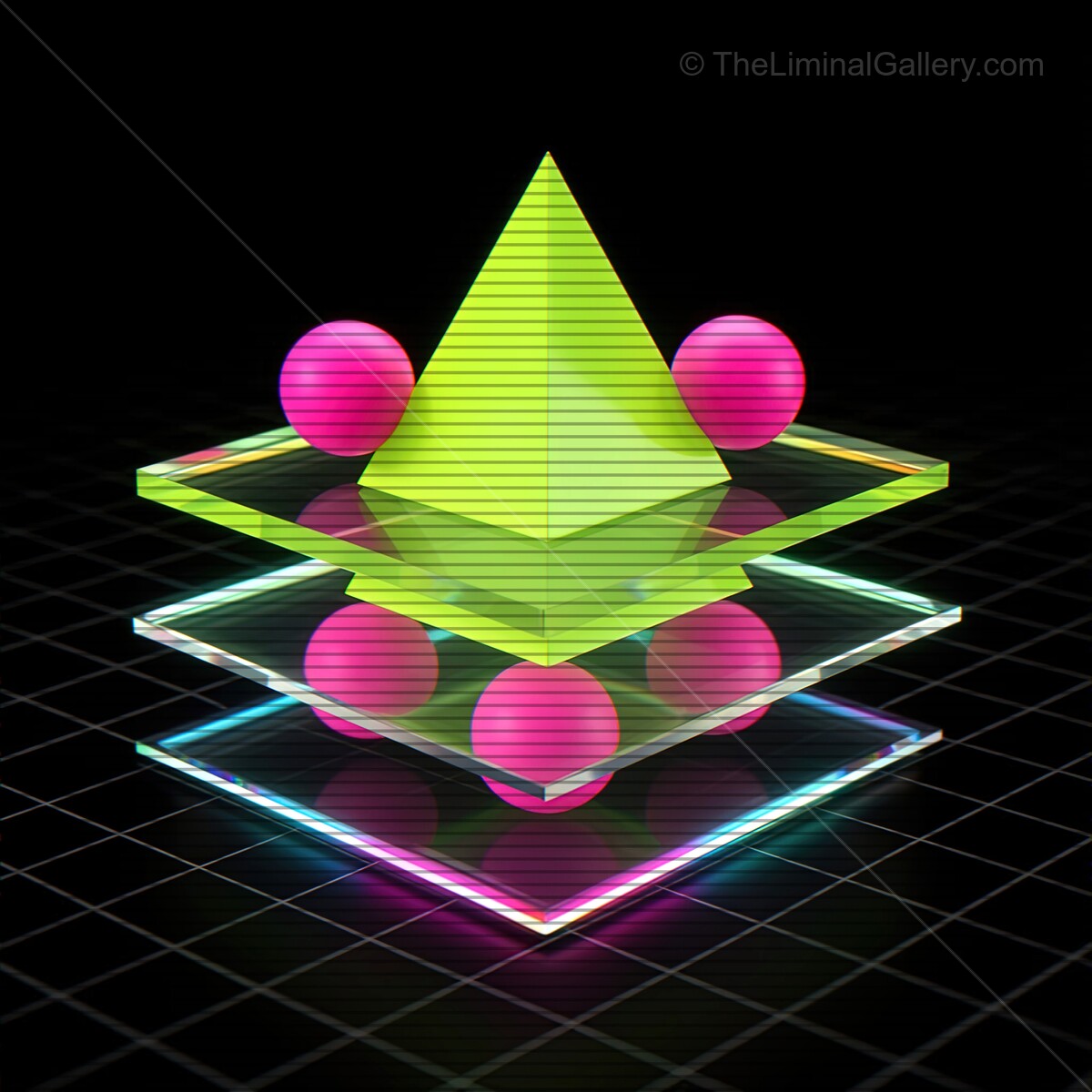 Vivid synthwave geometric shapes with vibrant colors and retro VHS lines creating a dreamlike visual experience in a dark space