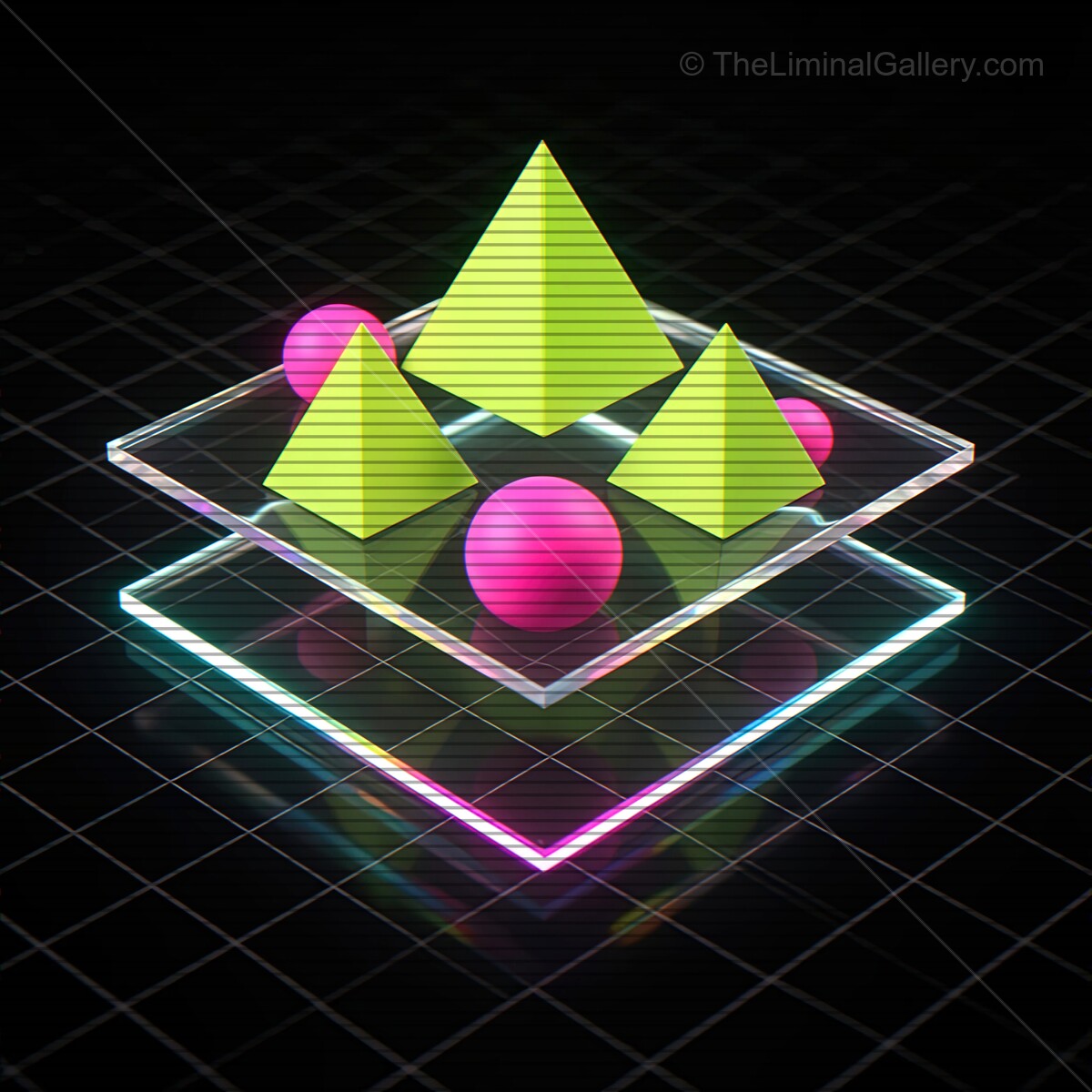Futuristic geometric shapes rise above a neon grid with a synthwave aesthetic