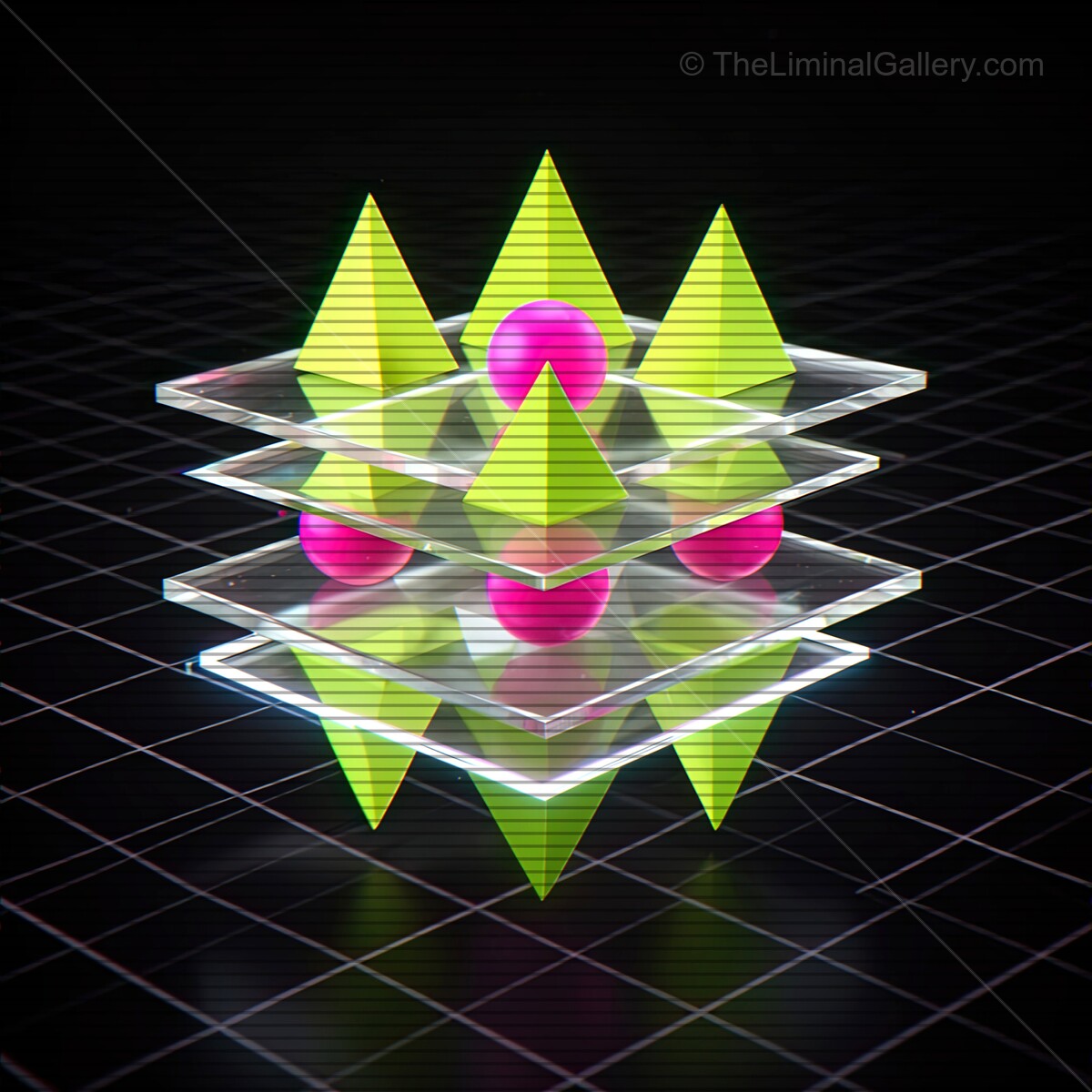 Vivid synthwave glass shapes with mesmerizing VHS lines create a futuristic visual experience in a digital realm