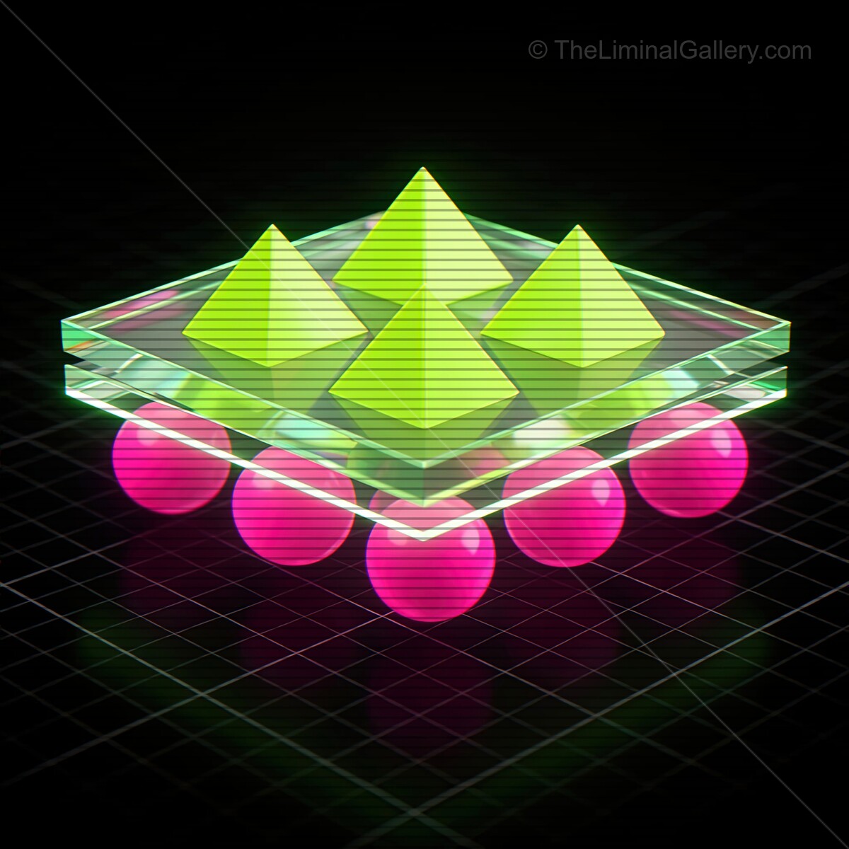 Vibrant synthwave design featuring glowing glass shapes and retro VHS lines in a futuristic scene