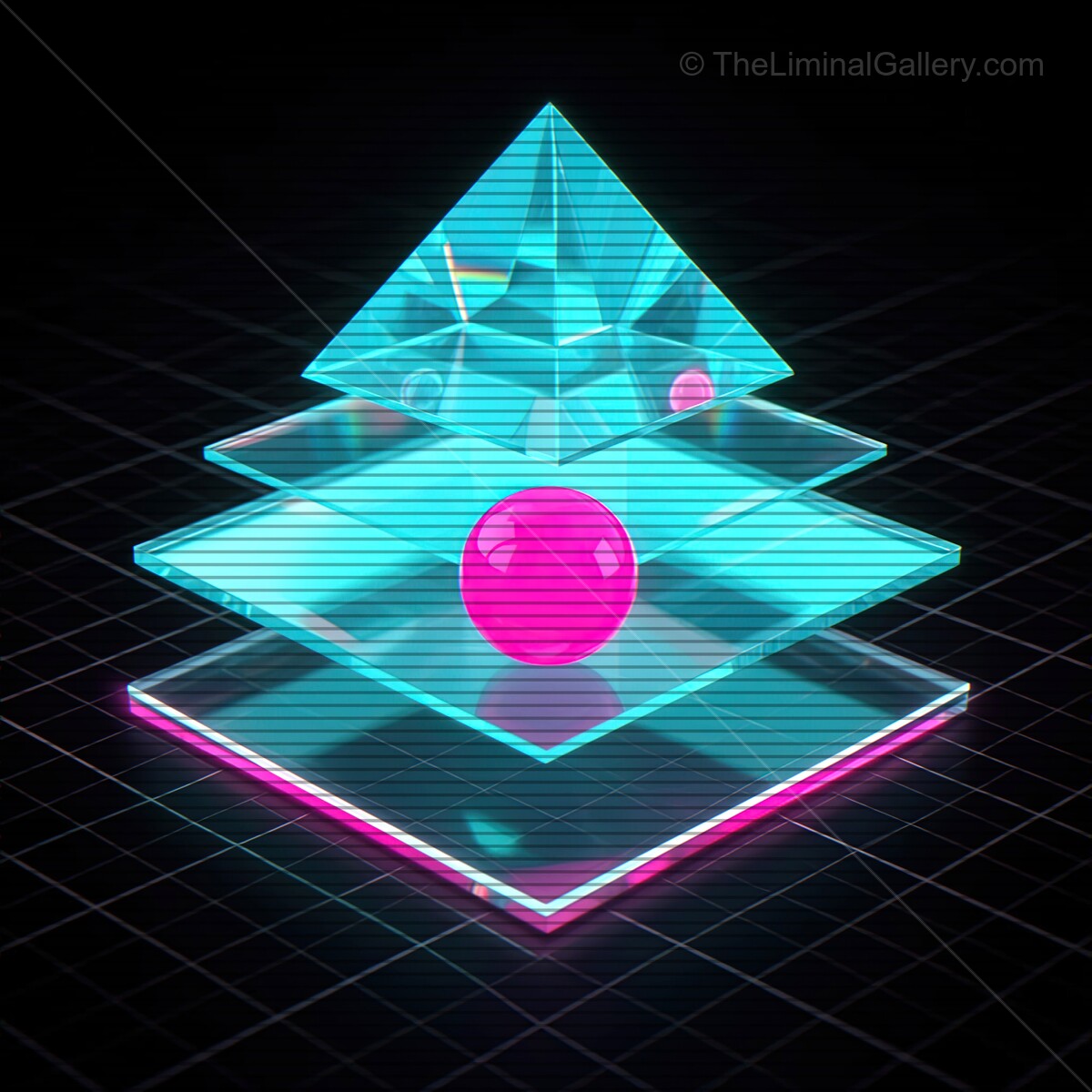 Vibrant synthwave glass shapes with VHS lines create a neon dreamscape