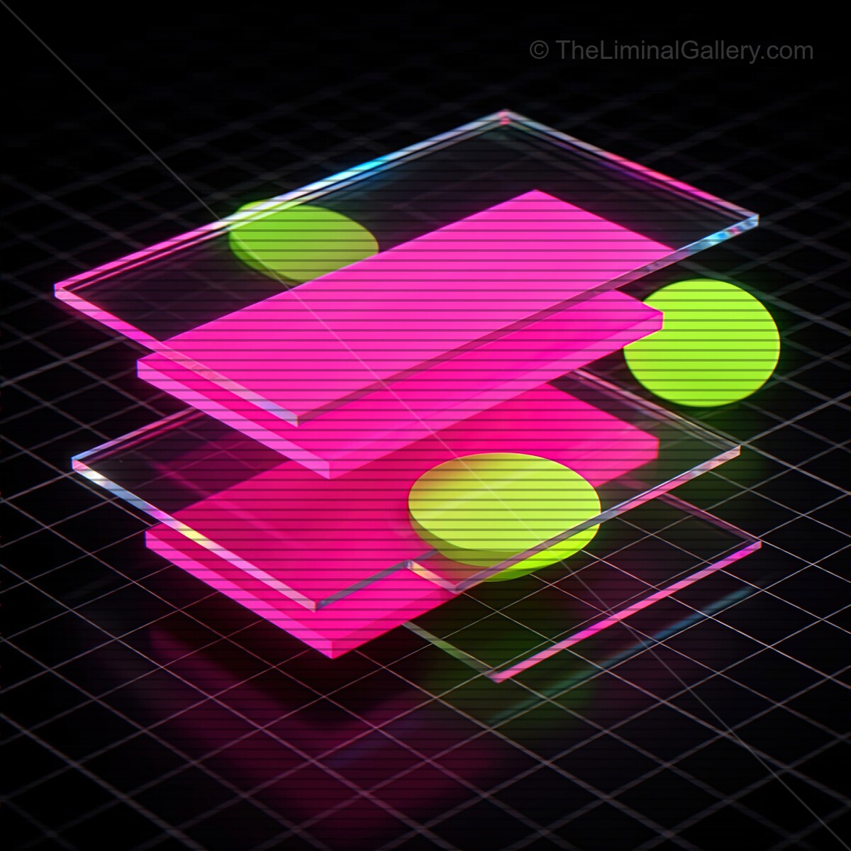 Synthwave colors collide in vibrant glass shapes with retro VHS lines, creating an artistic nighttime scene of neon abstraction