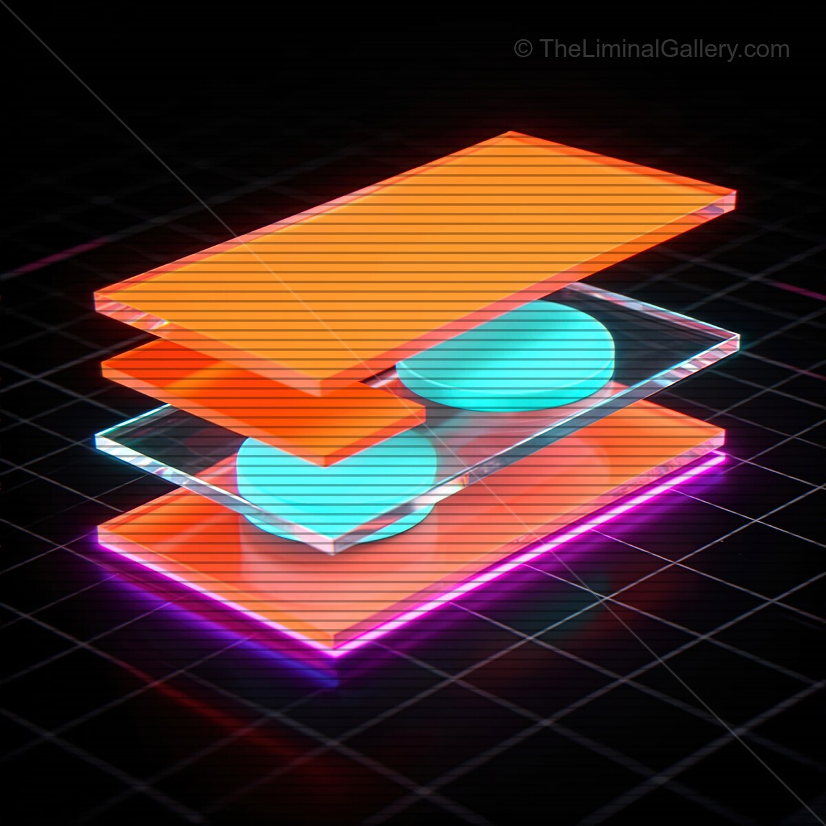 Exploring a vibrant synthwave world with glowing glass shapes in dynamic layers and retro VHS aesthetics at night