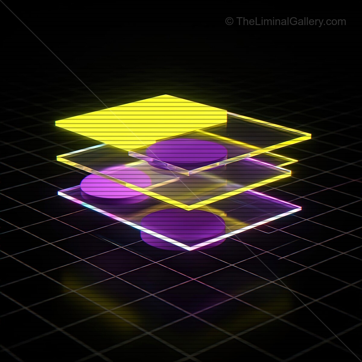 Colorful synthwave glass shapes with vibrant lines shining in the dark, evoking nostalgia and futuristic dreams