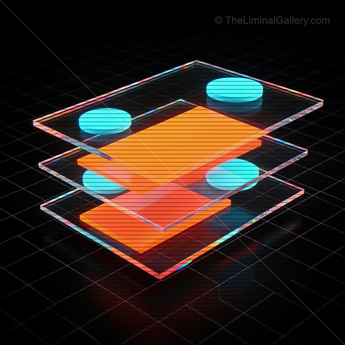 Futuristic synthwave design featuring layered glass shapes and vibrant VHS lines against a dark background