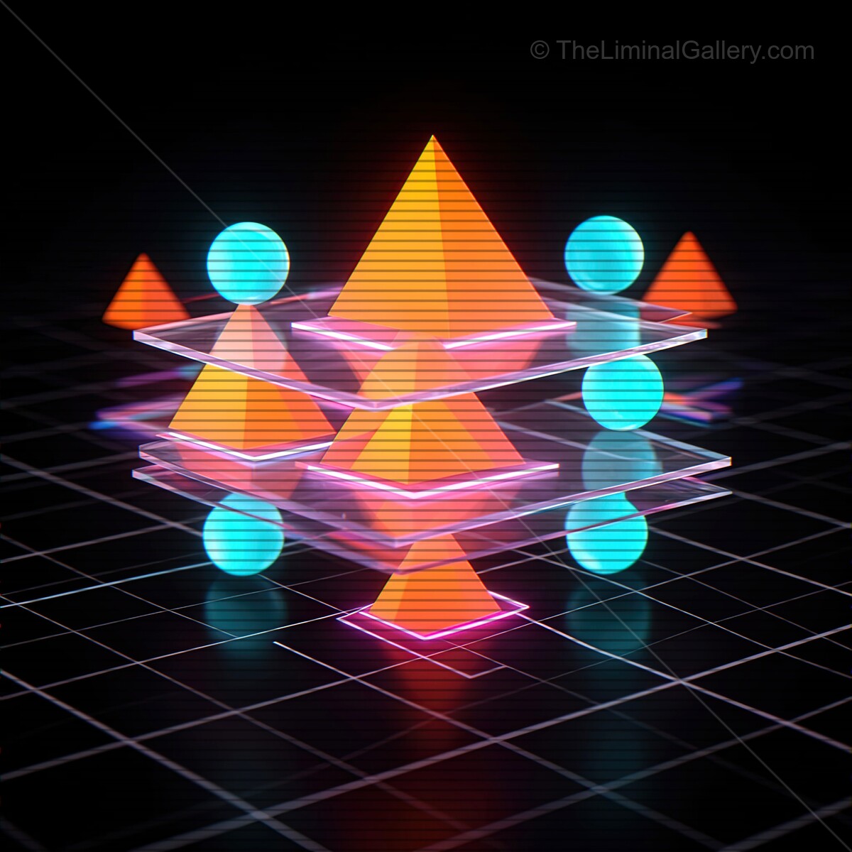 Vibrant synthwave geometric shapes with glowing lines creating a retro digital landscape