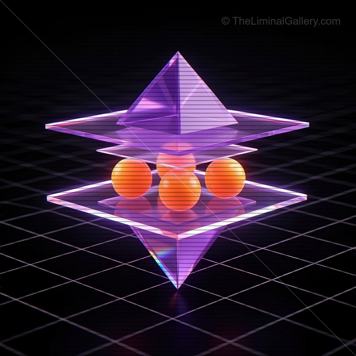 Captivating synthwave glass shapes with VHS lines create a mesmerizing glow in a neon-lit digital landscape