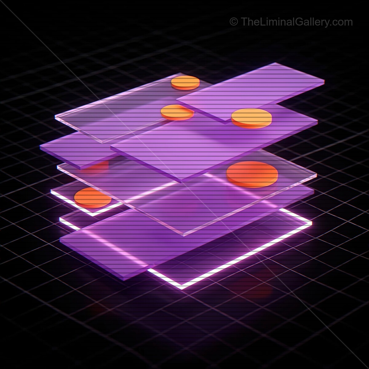 Vibrant synthwave shapes glow with VHS lines in a dreamlike space at dusk