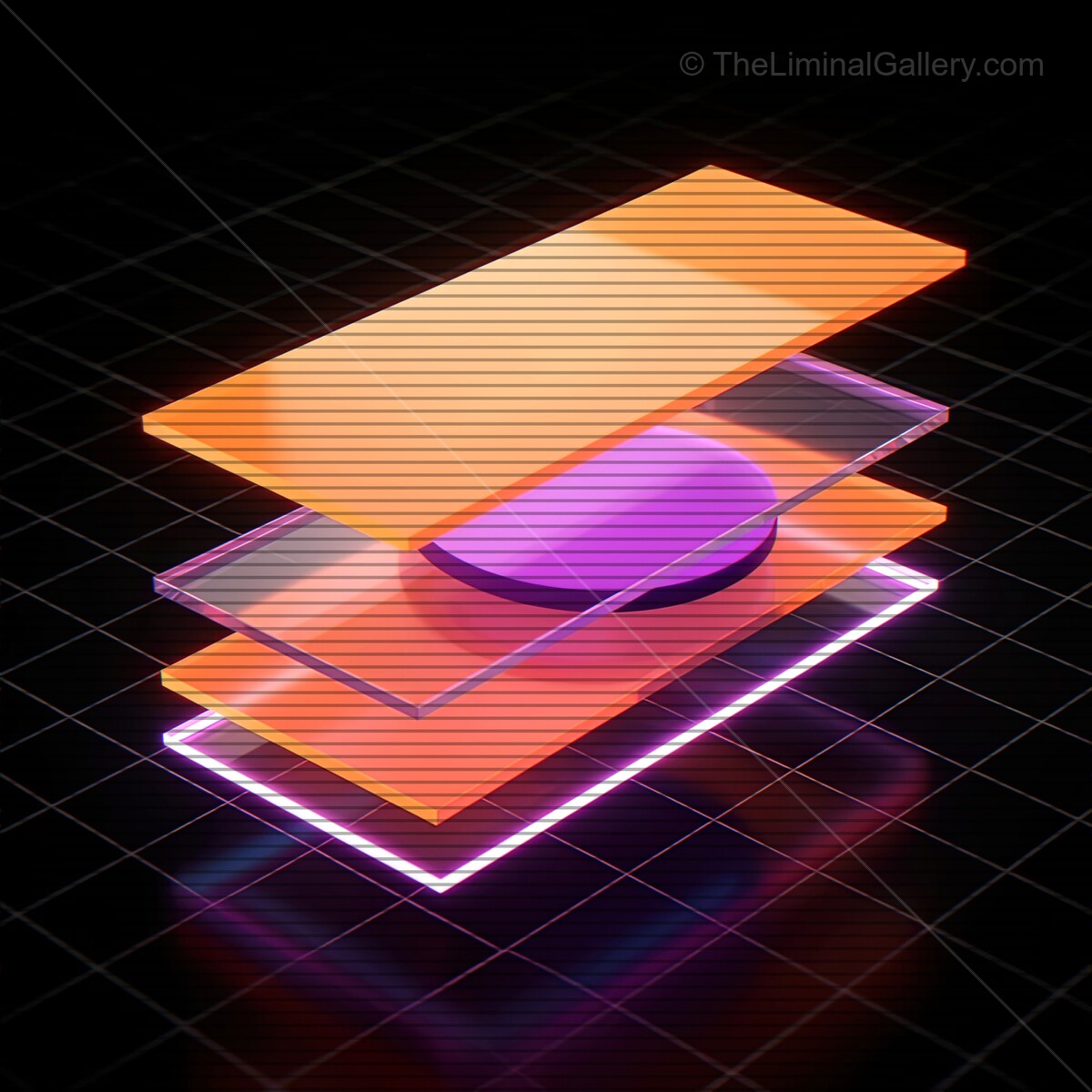 Vibrant synthwave design showcasing layered glass shapes and VHS-inspired lines under neon lights