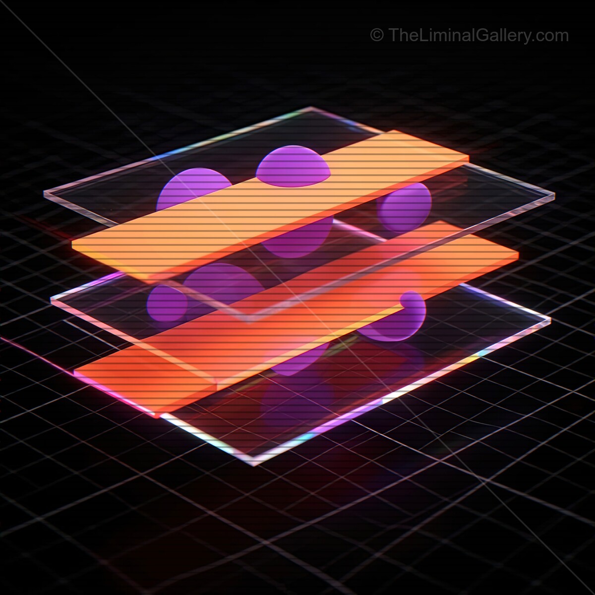 Futuristic synthwave glass shapes with vibrant hues and VHS lines in a digital world