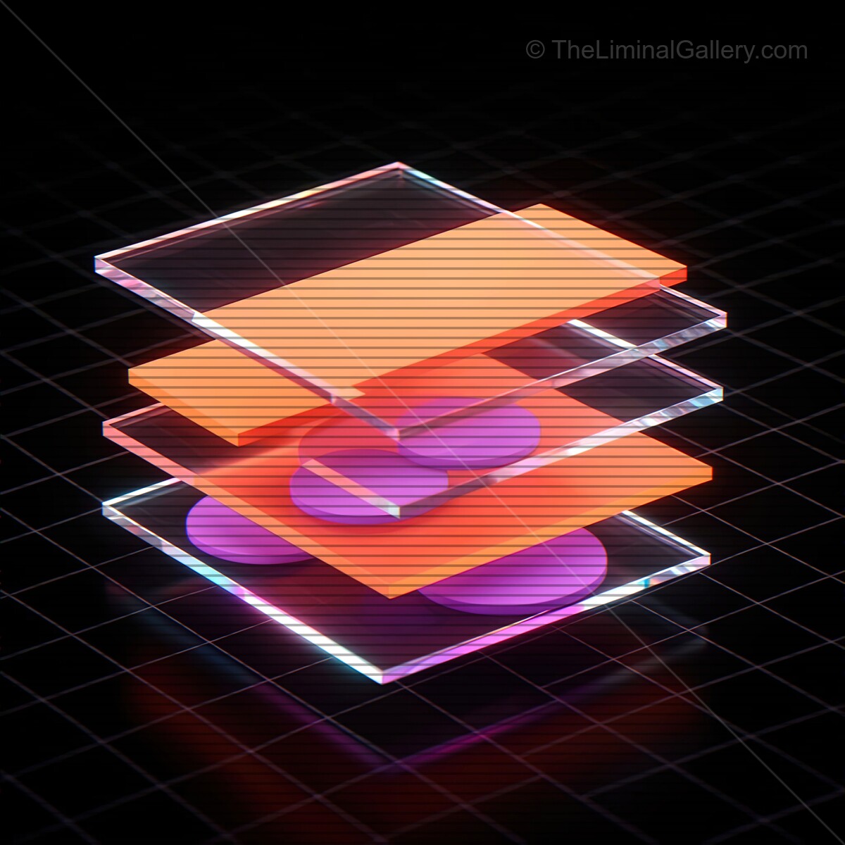 Ethereal synthwave glass shapes glow with vibrant colors and retro VHS lines in a digital dreamscape of the future