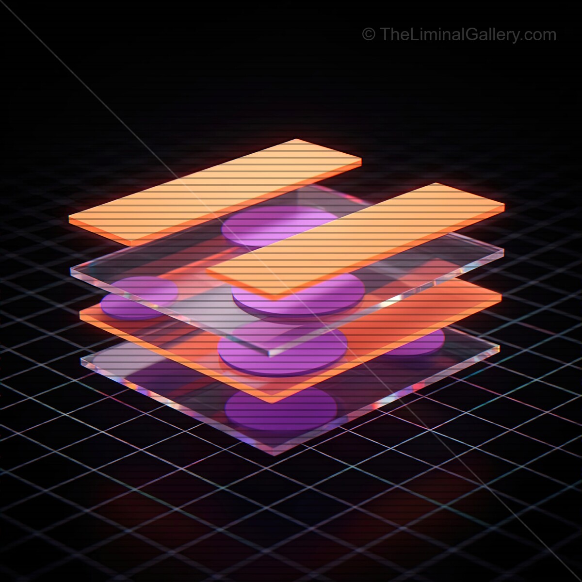 Vibrant synthwave glass shapes converge with VHS lines, creating a unique visual experience in a digital landscape at night