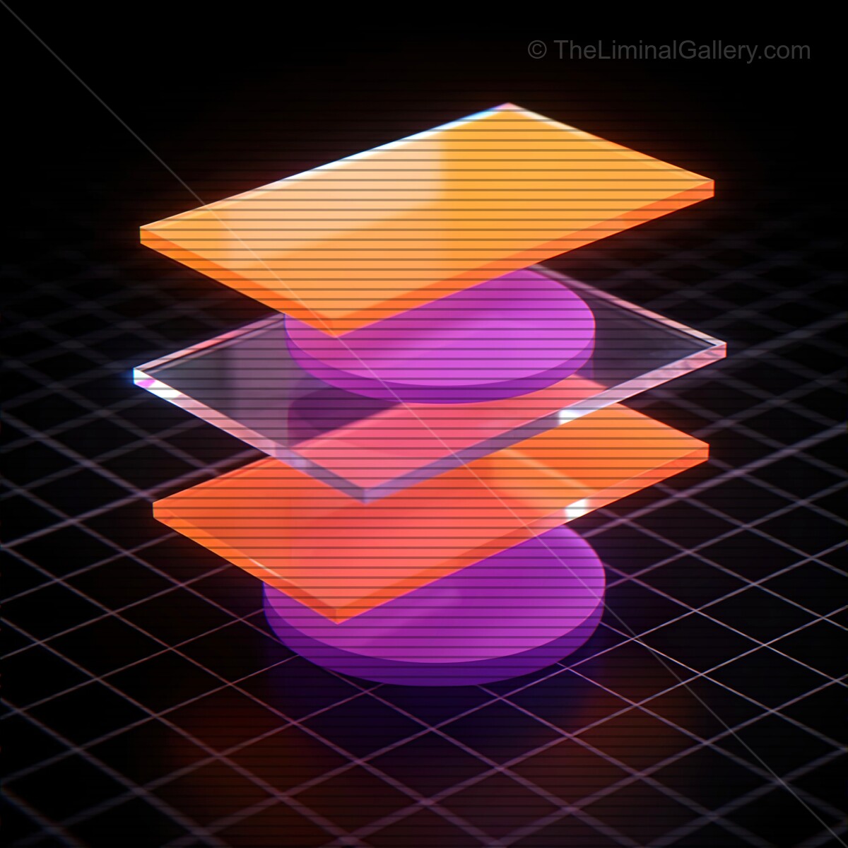 Vibrant synthwave shapes with retro VHS lines create a stunning visual illusion in a dark digital space